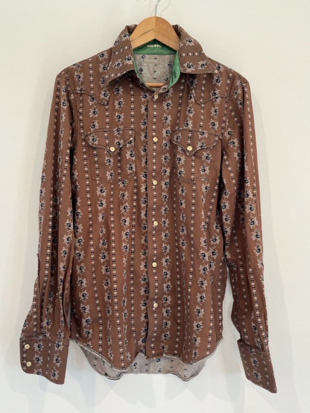 Diesel Industry Vintage Floral Stripe Western Pearl Snap Shirt Brown Large